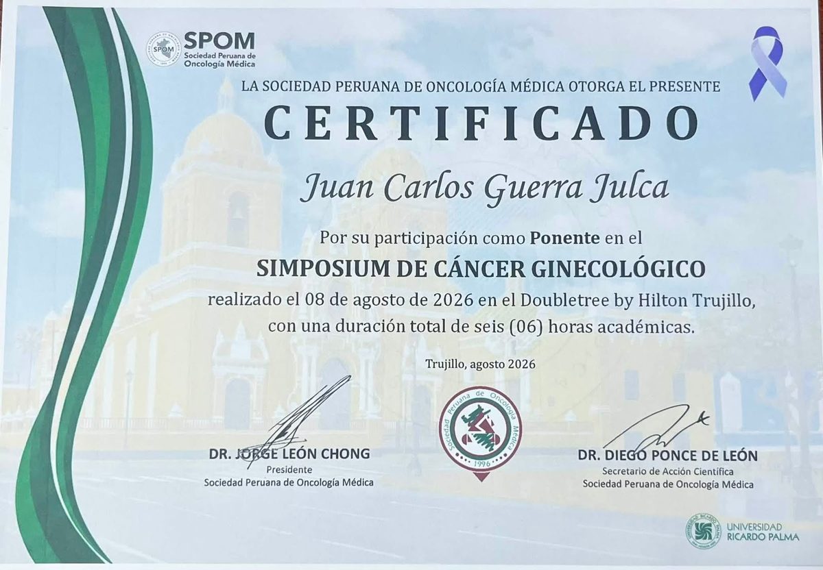 Certificado de ponente del Simposium de Cáncer Ginecológico de la Sociedad Peruana de Oncología Médica, agosto de 2026